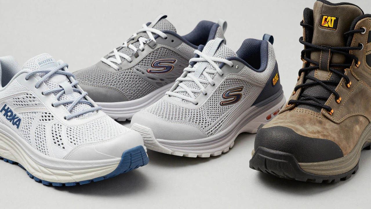 Three types of supportive work shoes displayed side by side