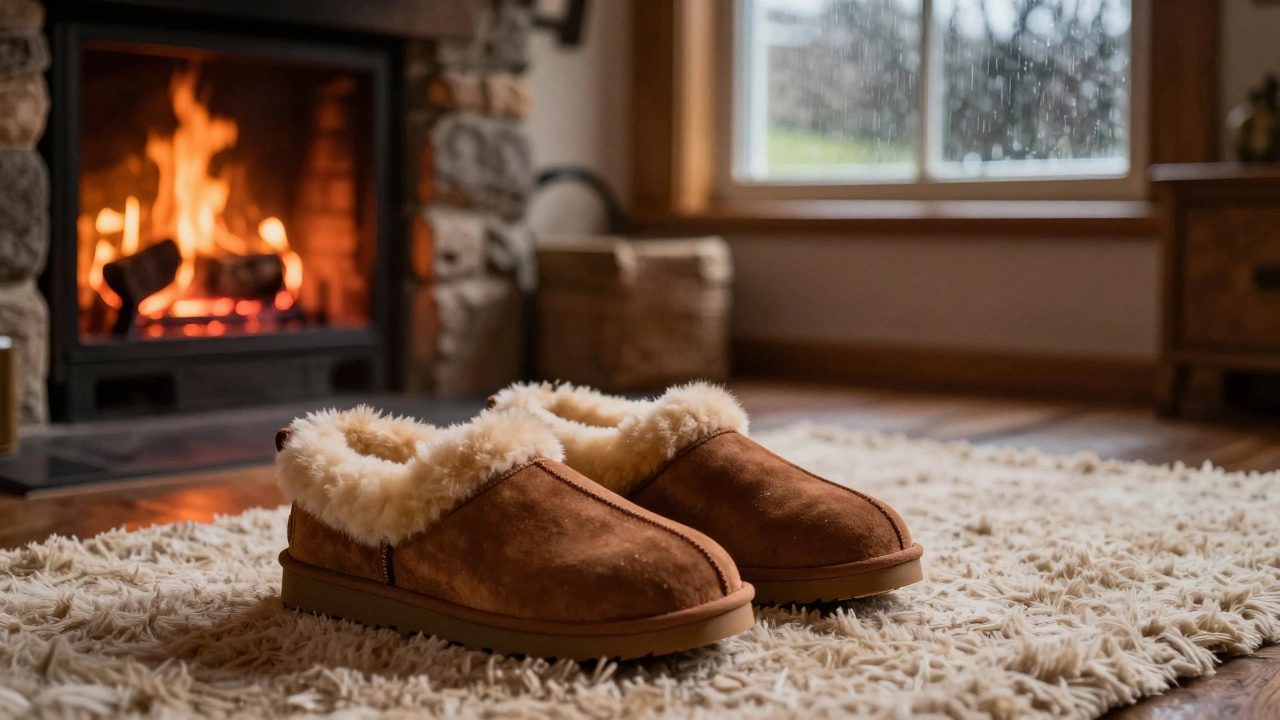 UGG slippers by a cozy fireplace in a rainy cottage