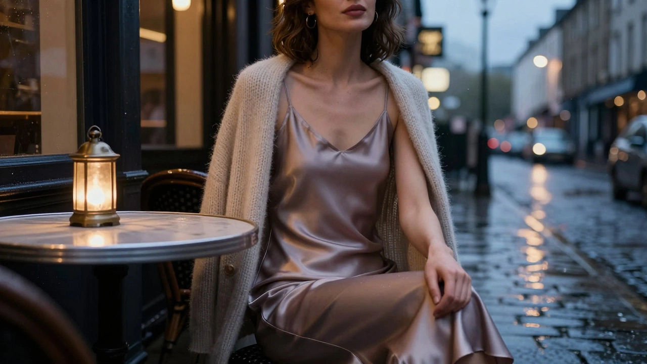 Woman in a layered slip dress and cardigan at an evening café in Galway.