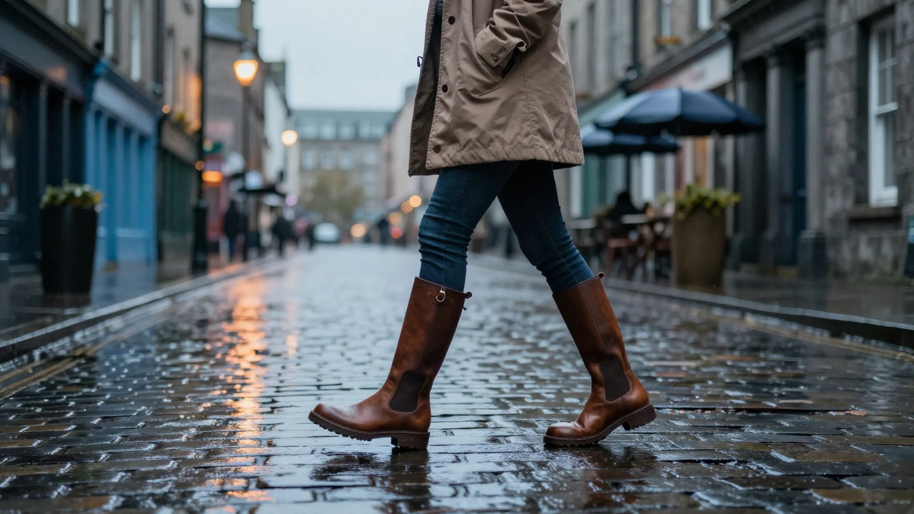 Woman walking comfortably in wide-fit boots on wet Irish cobblestones