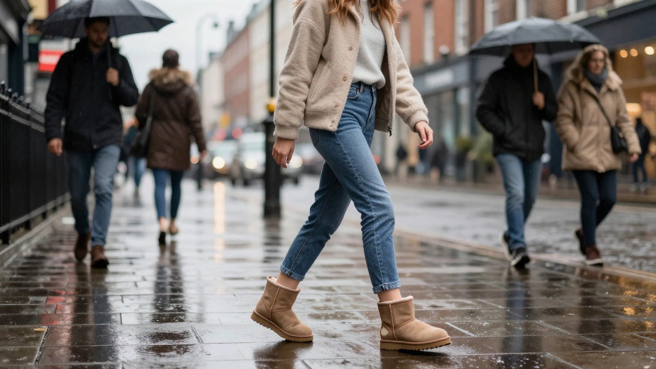 Woman walking in UGGs without socks on a rainy Dublin street