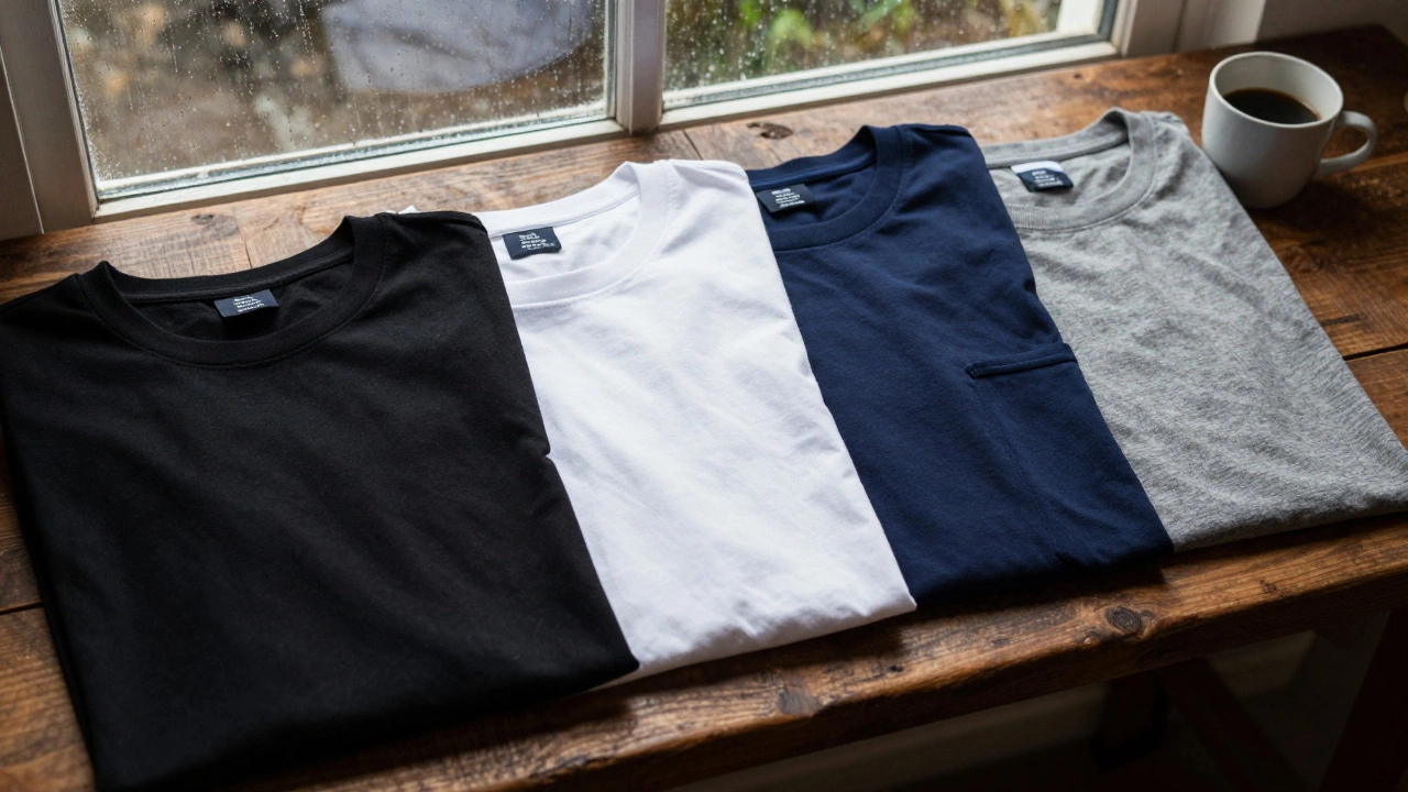 Black, white, navy, and grey t-shirts displayed on a wooden table near a rainy window