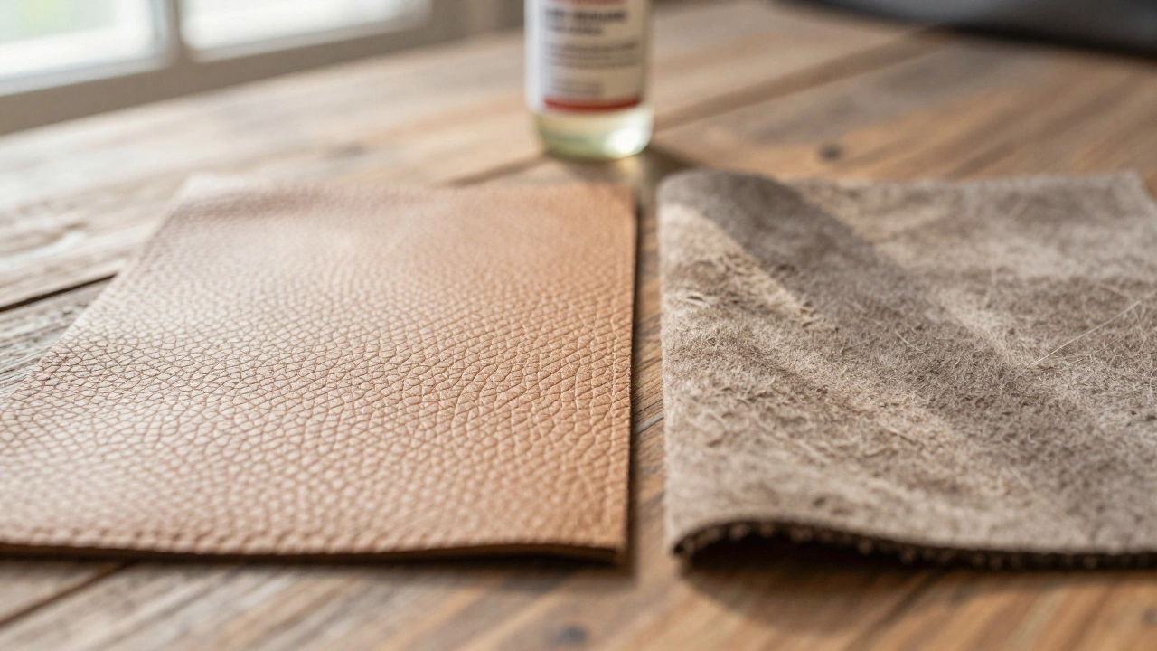 Close-up comparison of corrected grain leather and suede textures