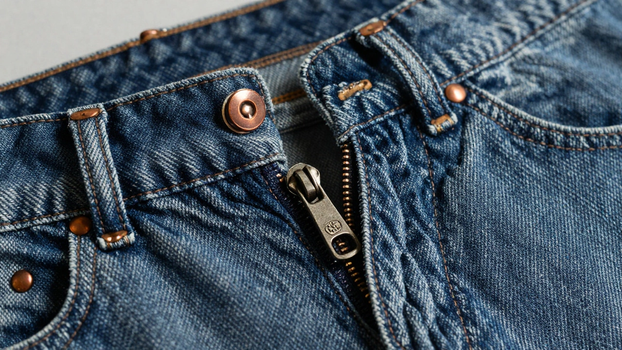 Close-up of denim rivets, stitching, and zipper hardware details