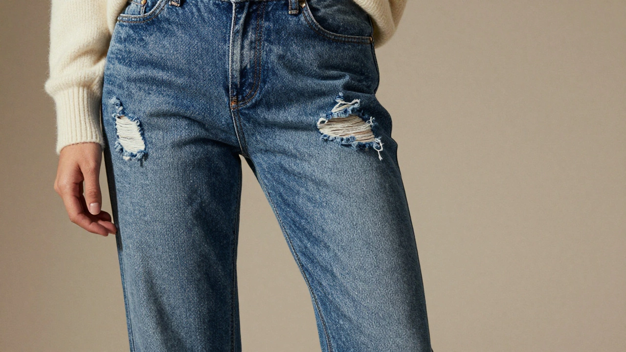 Close-up of elegant distressed jeans paired with a cashmere sweater and loafers