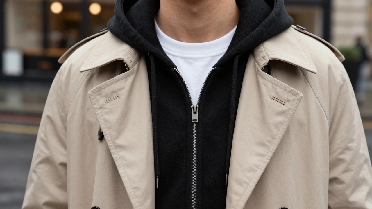 Close up of layered hoodie under trench coat highlighting fabric quality