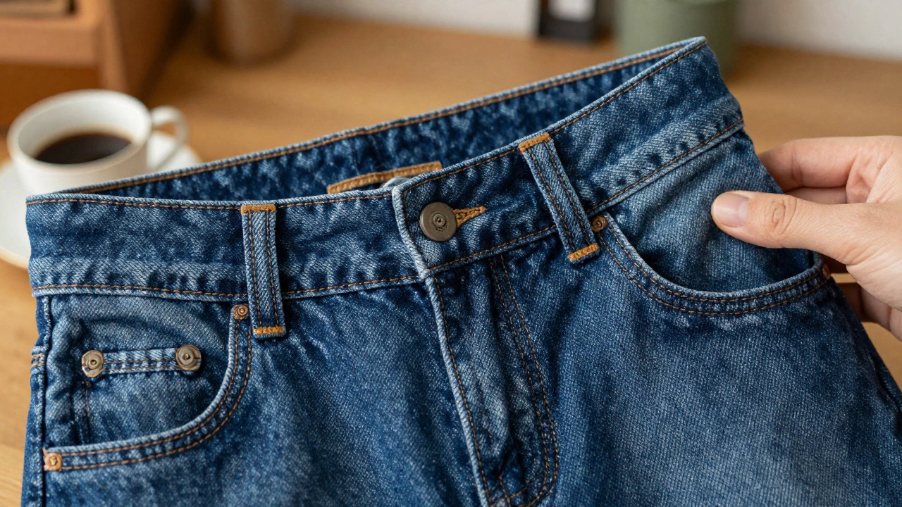 Close-up of stretch denim fabric being pulled to show elasticity