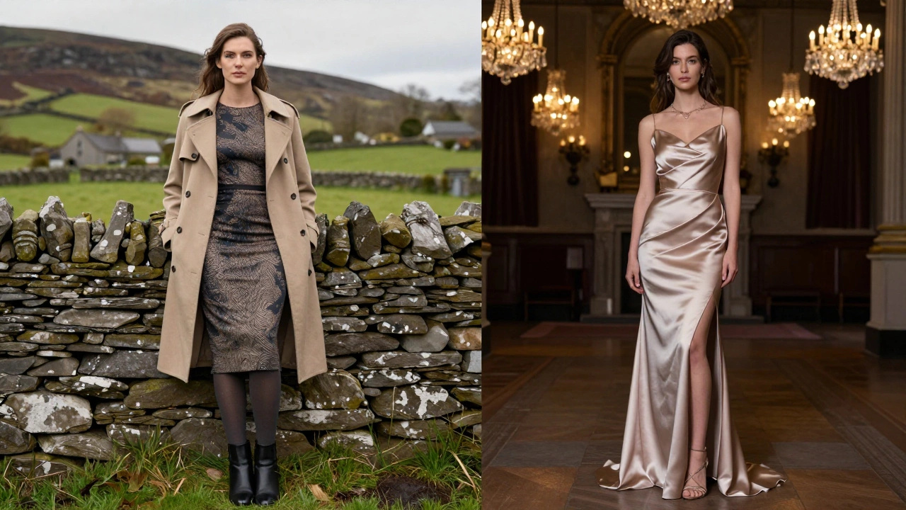 Comparison of a practical cocktail outfit outdoors vs a formal evening gown indoors.