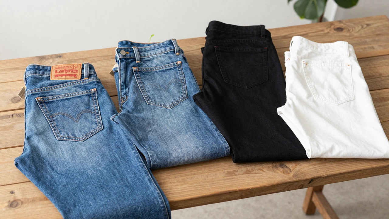 Comparison of Levi's, Mango, and Nudie jeans on a wooden table