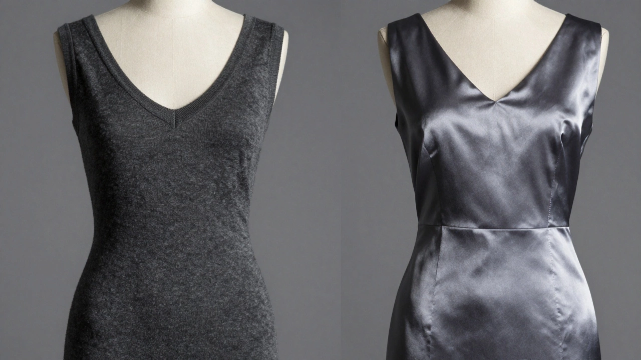 Comparison of matte jersey vs shiny satin dress fabrics