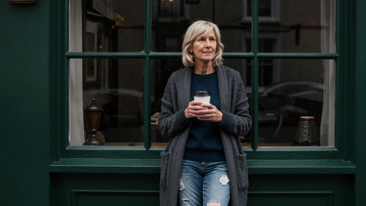 Confident older woman in casual Irish attire standing by a rainy pub window