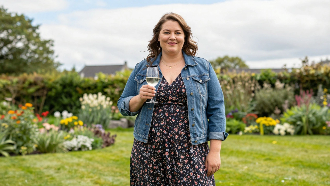 Confident woman in floral shift dress at Irish garden party