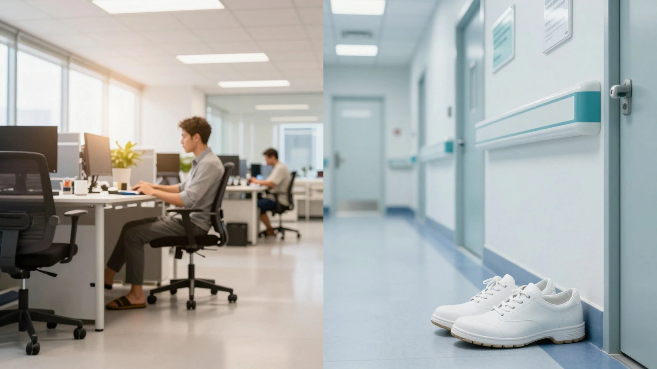 Contrast between casual office footwear and strict regulated work shoes