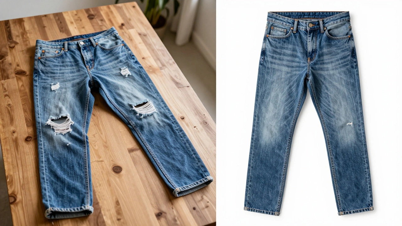 Contrast between discarded ripped jeans and pristine sustainable denim