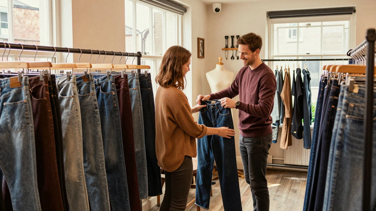 Customer trying on jeans in a cozy Irish boutique with staff help