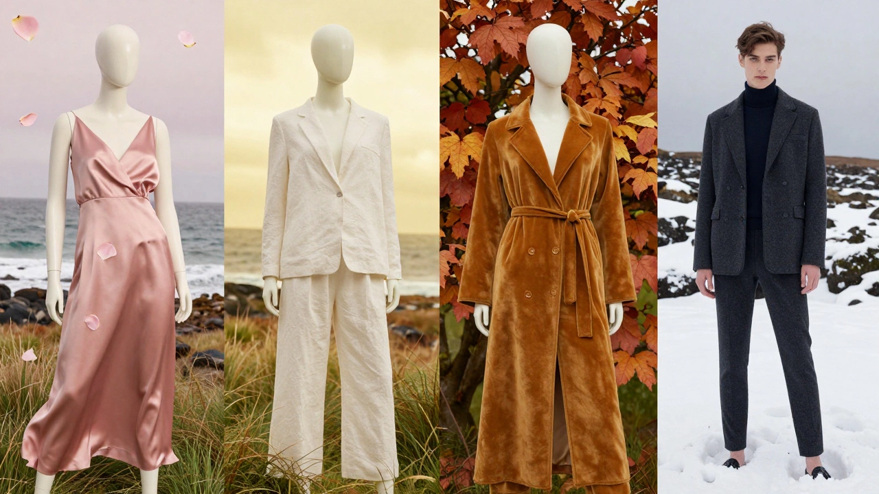 Fashion display of seasonal evening wear colors for Irish weather conditions