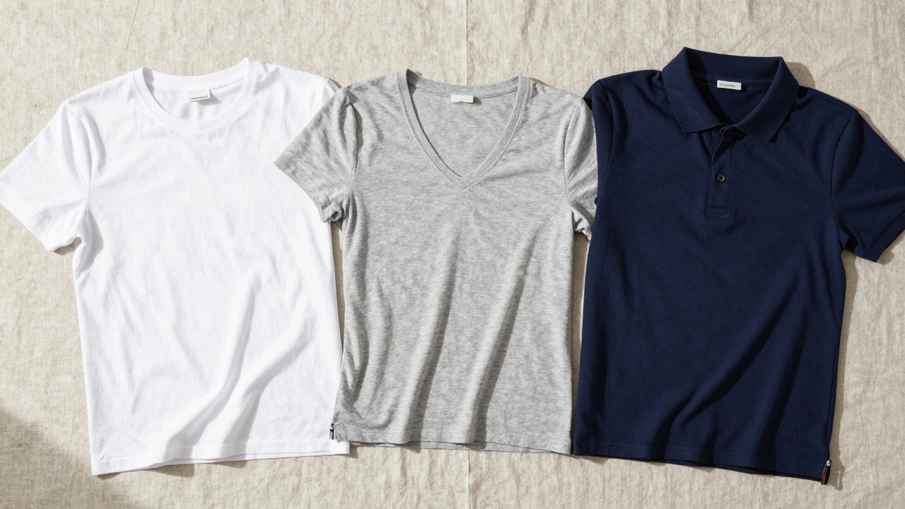 Flat lay comparing crew neck, V-neck, and polo shirts