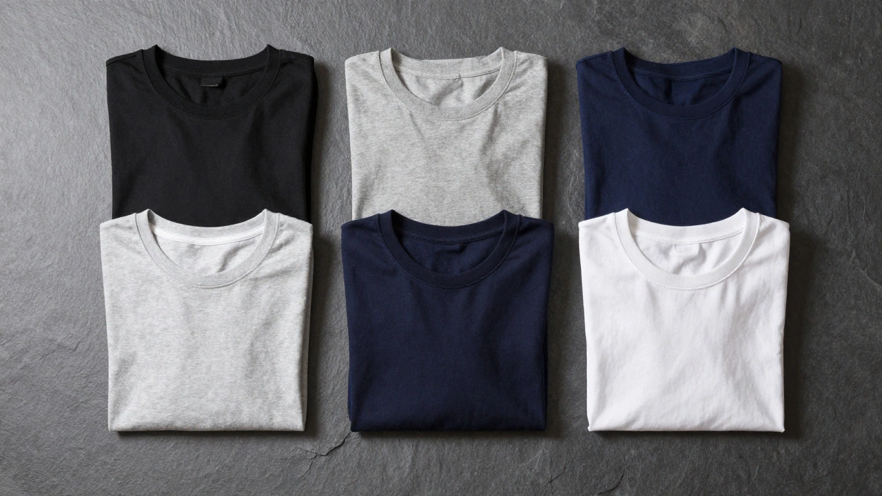 Folded neutral colored t-shirts arranged on a slate surface