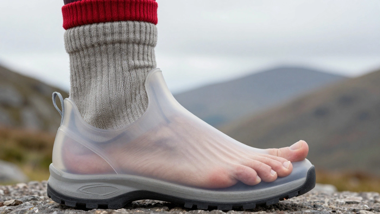 Foot in boot showing thumb-width space for proper fit