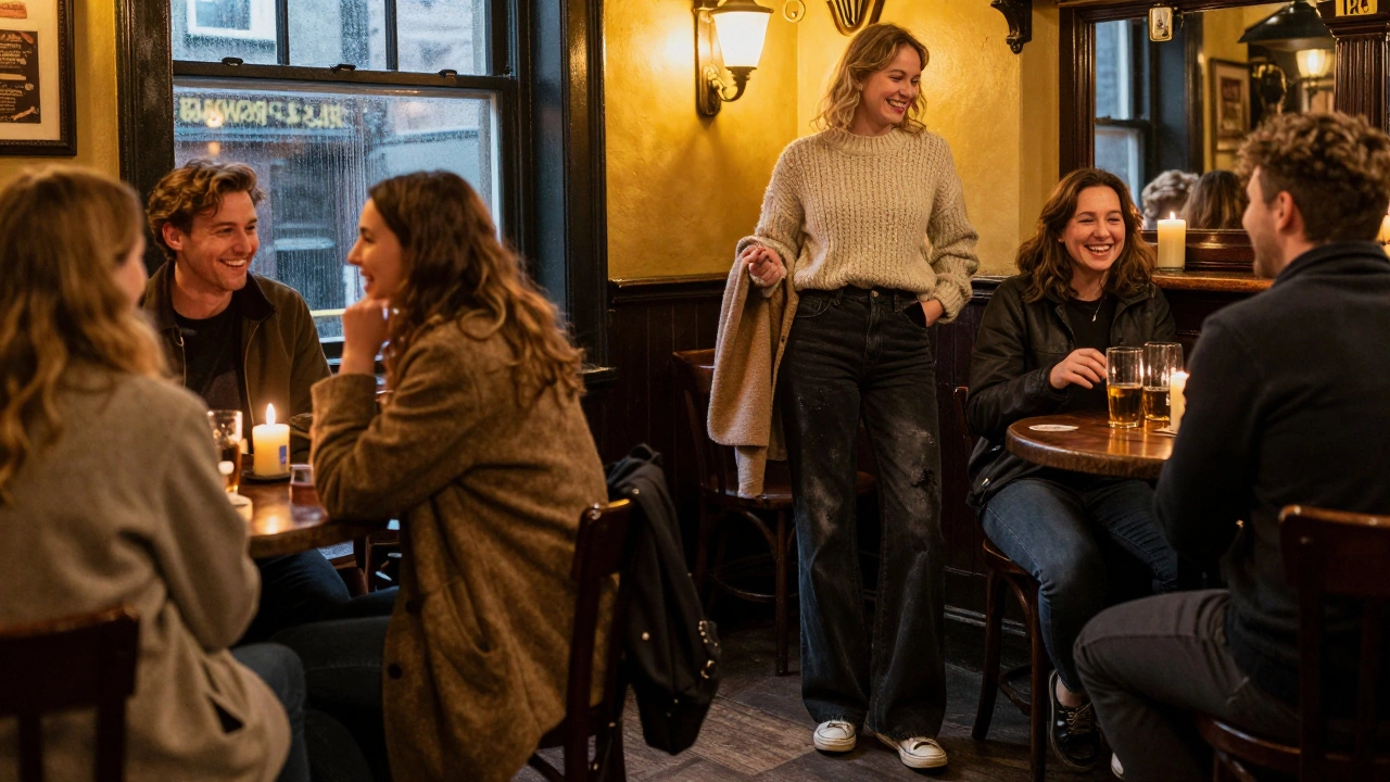 Friends in black wide-leg jeans enjoying drinks in a cozy Irish pub
