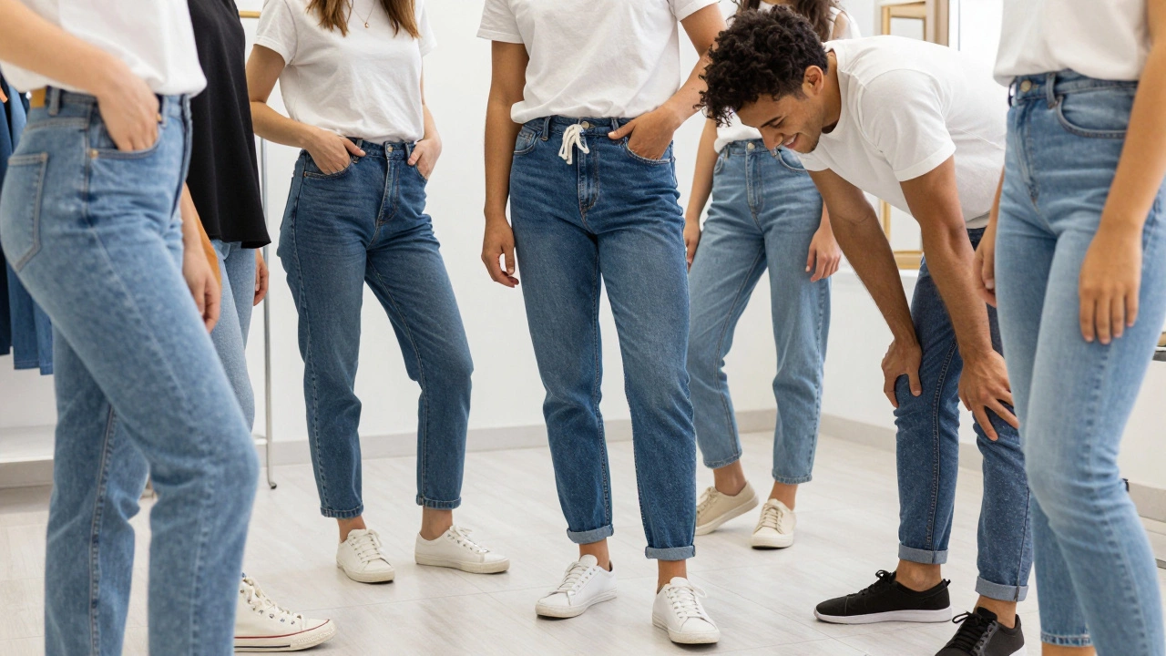 Friends trying on various comfortable jean fits in a fitting room