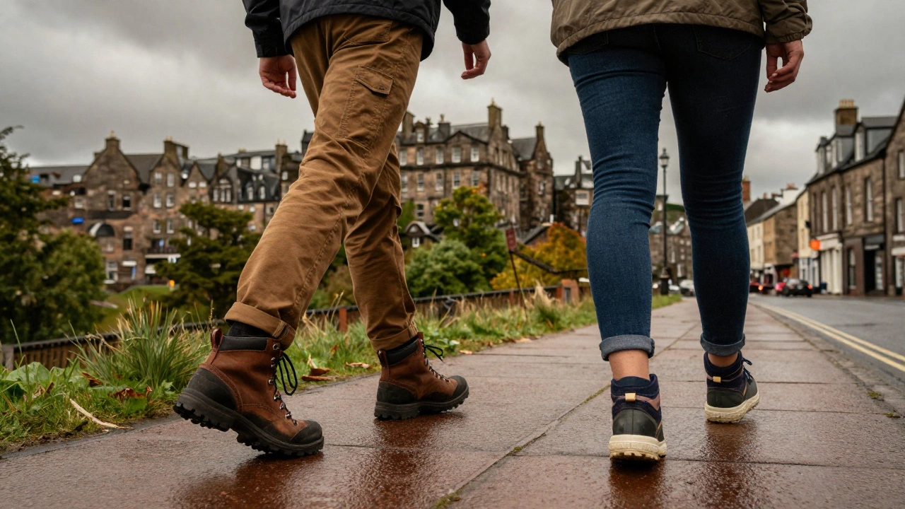 Friends wearing hiking boots and trainers in rainy Scottish Highlands