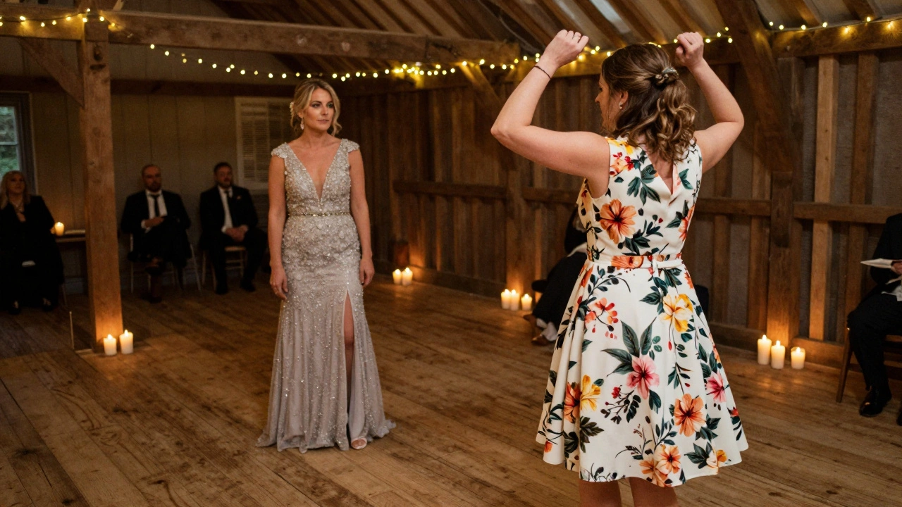 Guests dancing at an Irish barn wedding, showing cocktail vs evening dress styles.