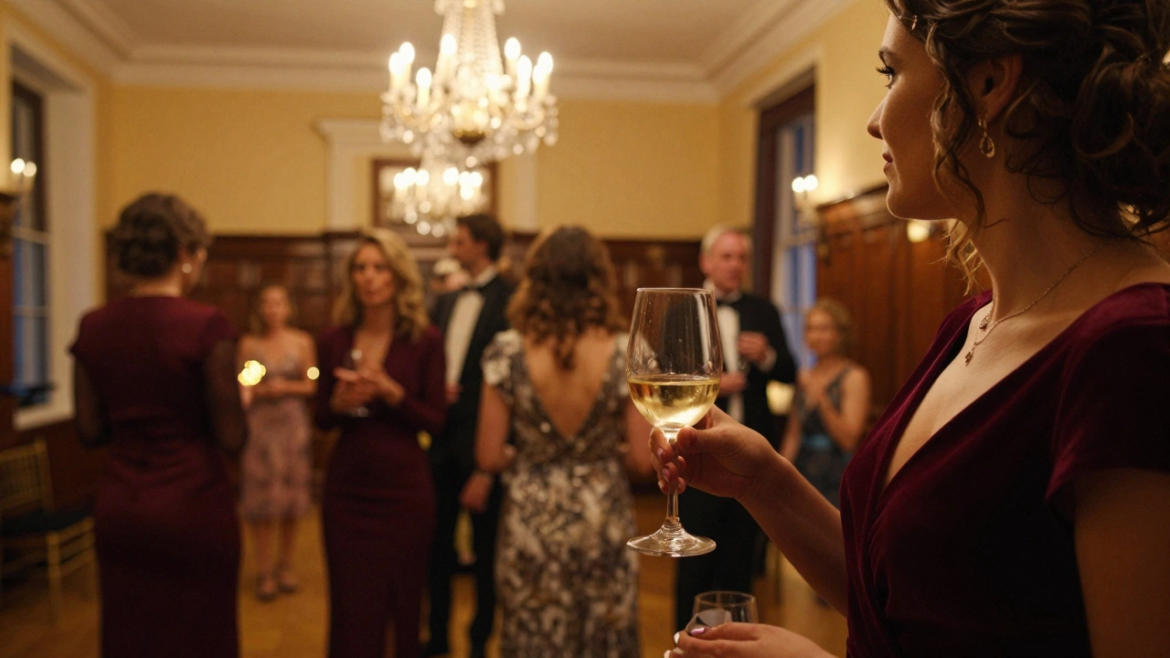 Guests in burgundy and jewel tone evening wear at a warm lit Dublin gala