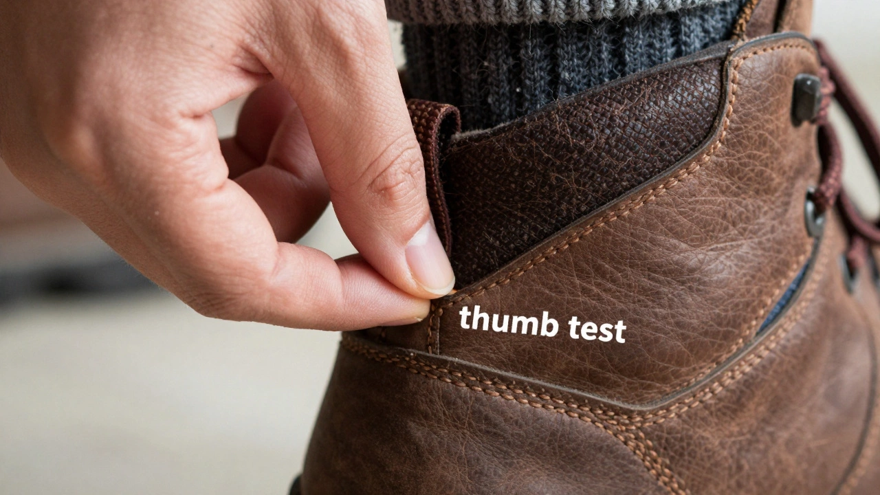 Hand checking thumb-width space between toe and boot interior