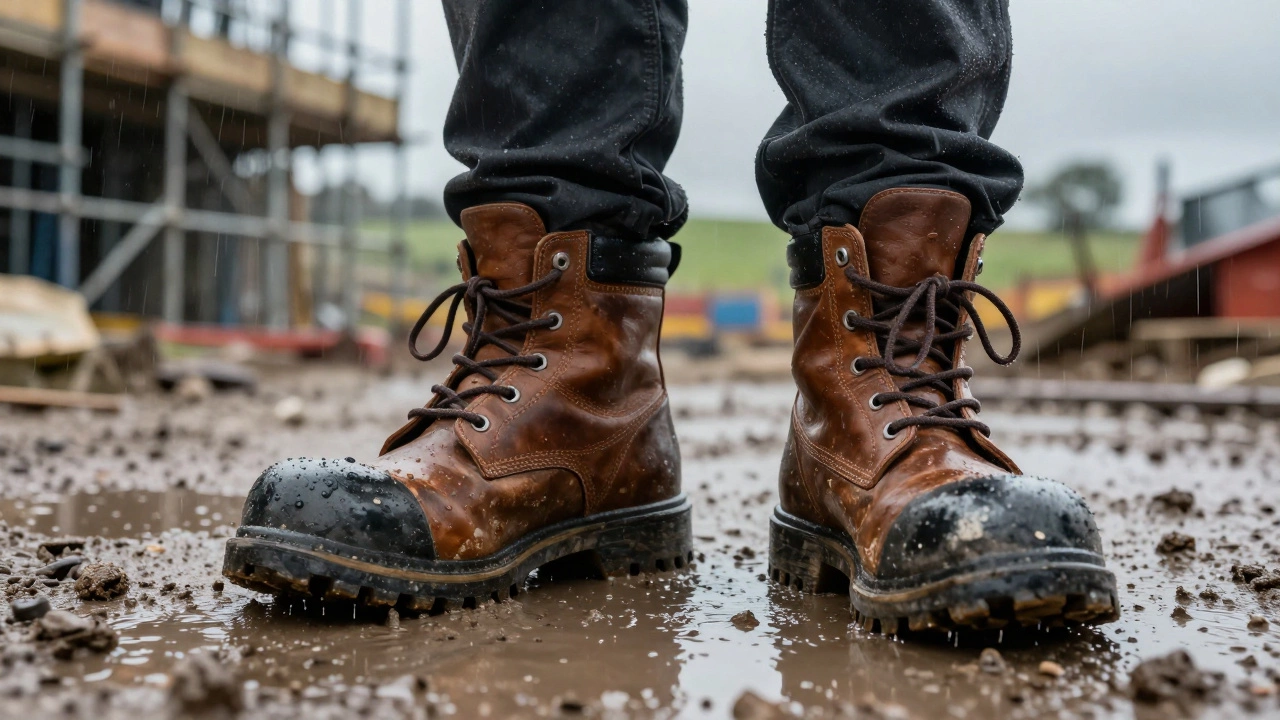 Heavy safety boots on rainy Irish construction site emphasizing PPE needs