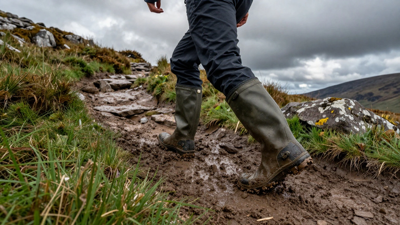 Hiker in boots navigating muddy trail in Irish mountains