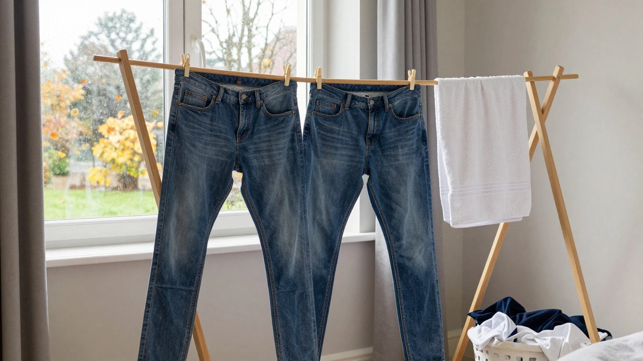 Jeans hanging on a drying rack near a rainy window indoors