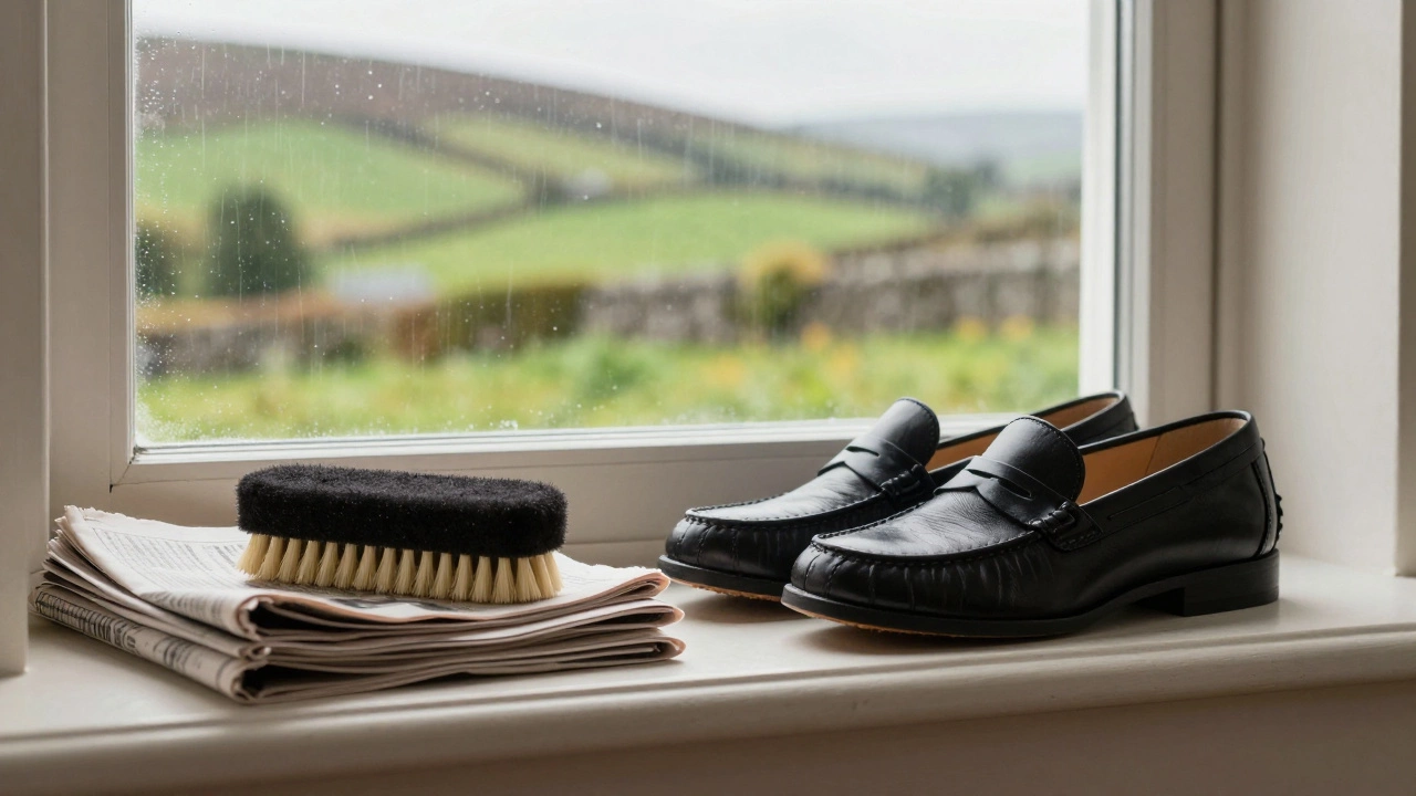 Leather shoes with care tools on a windowsill overlooking rain
