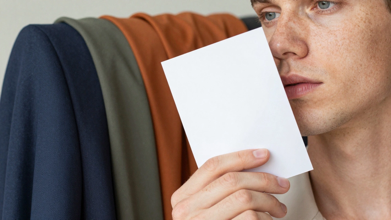 Man testing skin undertones with white paper and suit fabrics