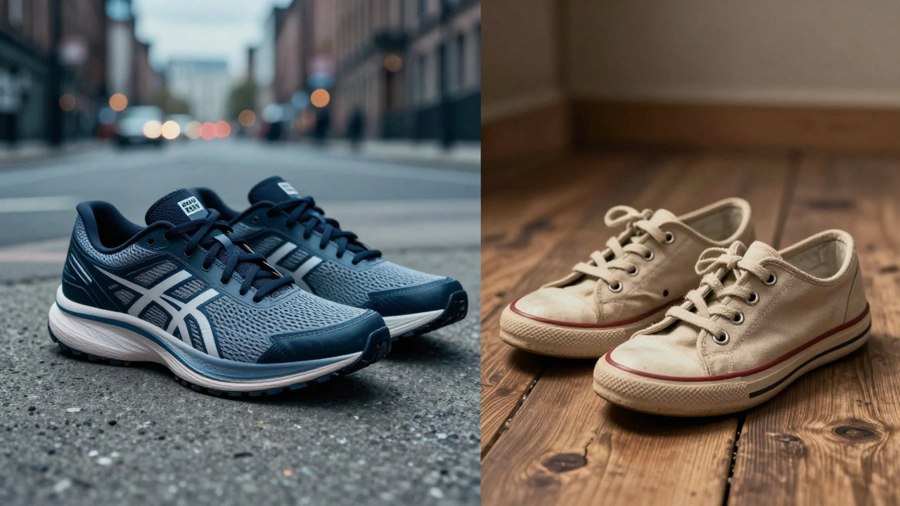 Modern trainers versus vintage plimsolls showing generational shoe terms