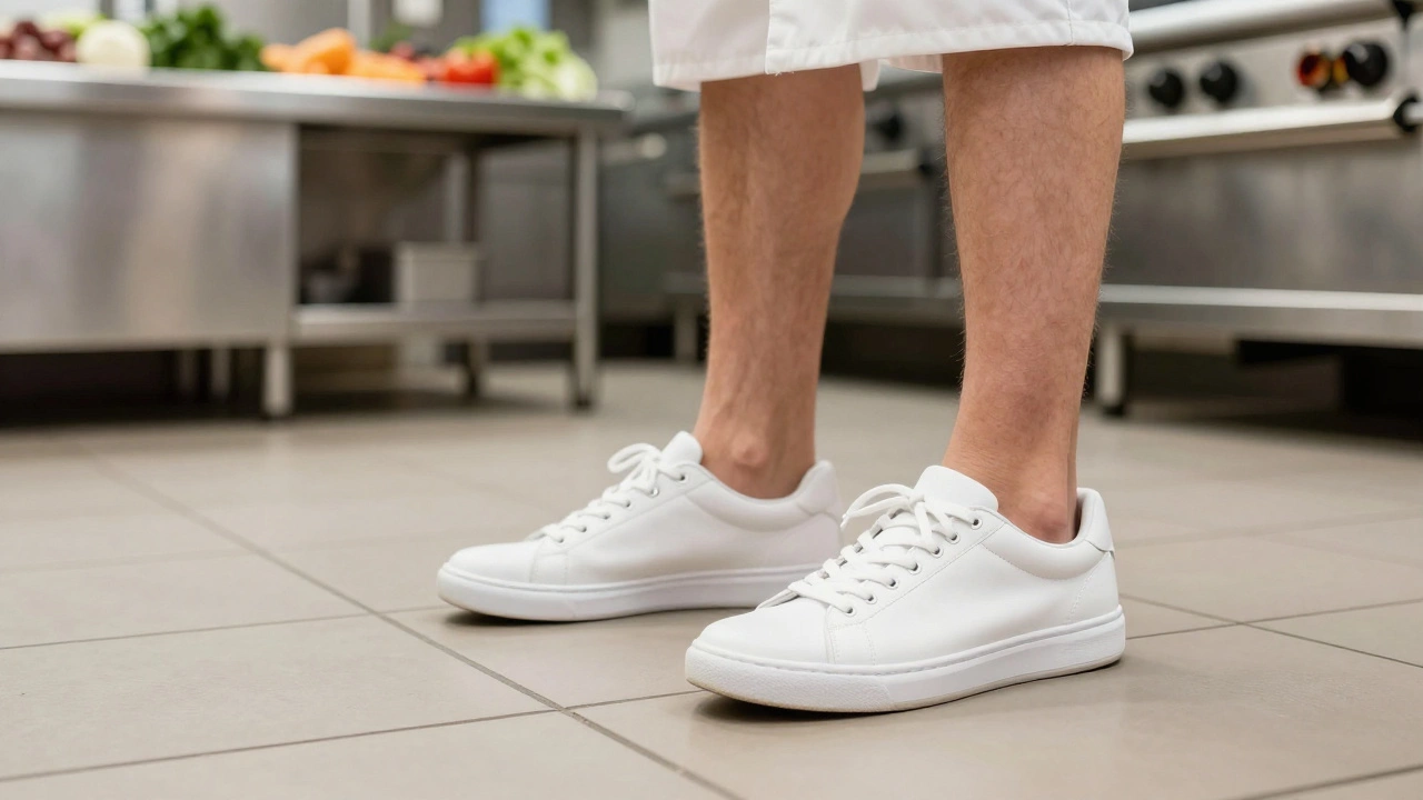 Non-slip closed-toe shoes in a clean commercial kitchen