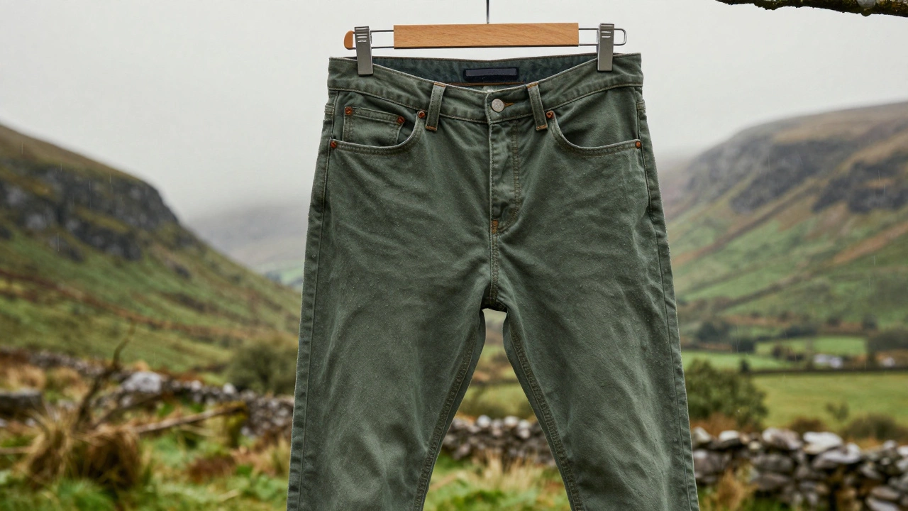 Olive green stretch jeans hanging against a misty Irish countryside backdrop