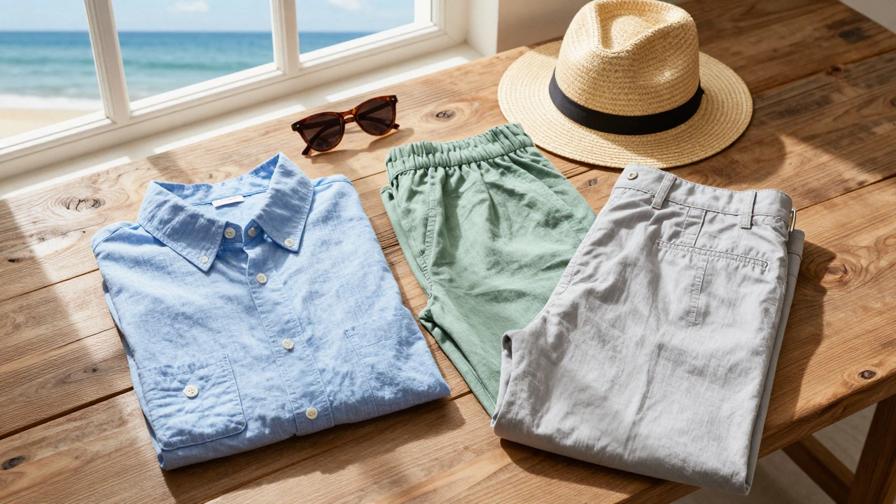 Pastel summer clothes laid out by ocean window