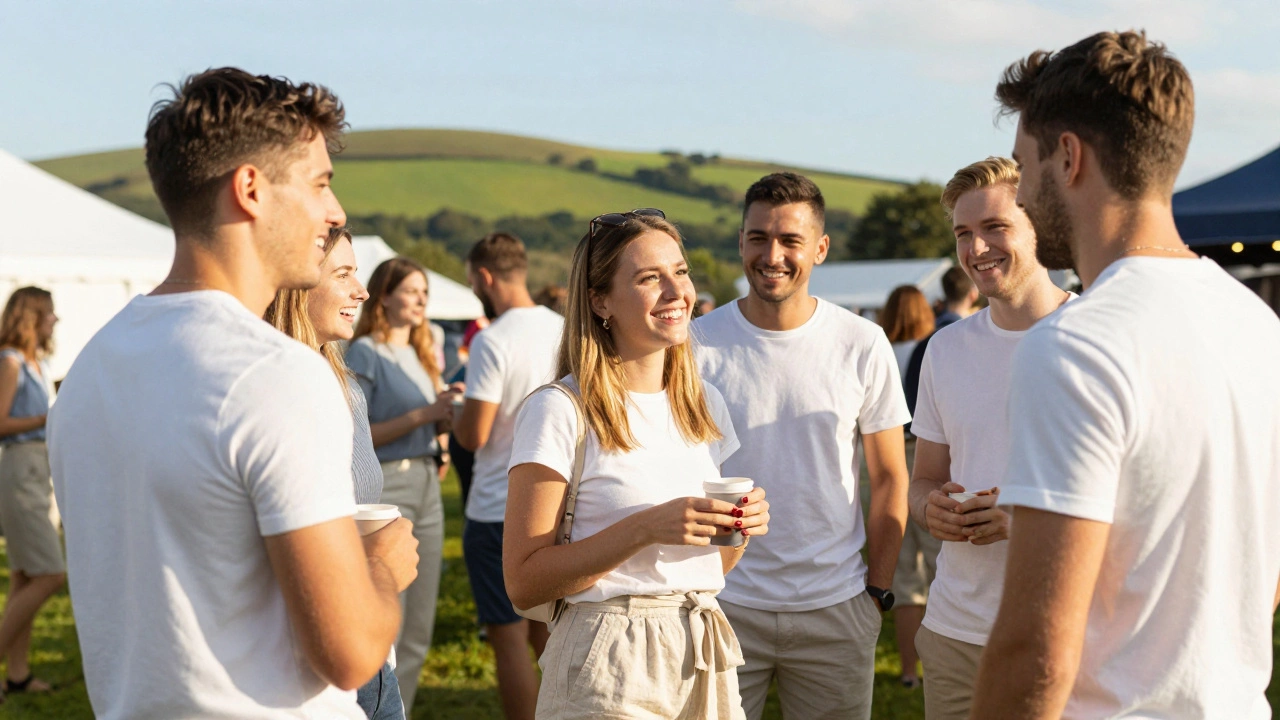 People wearing white t-shirts at a sunny Irish summer festival