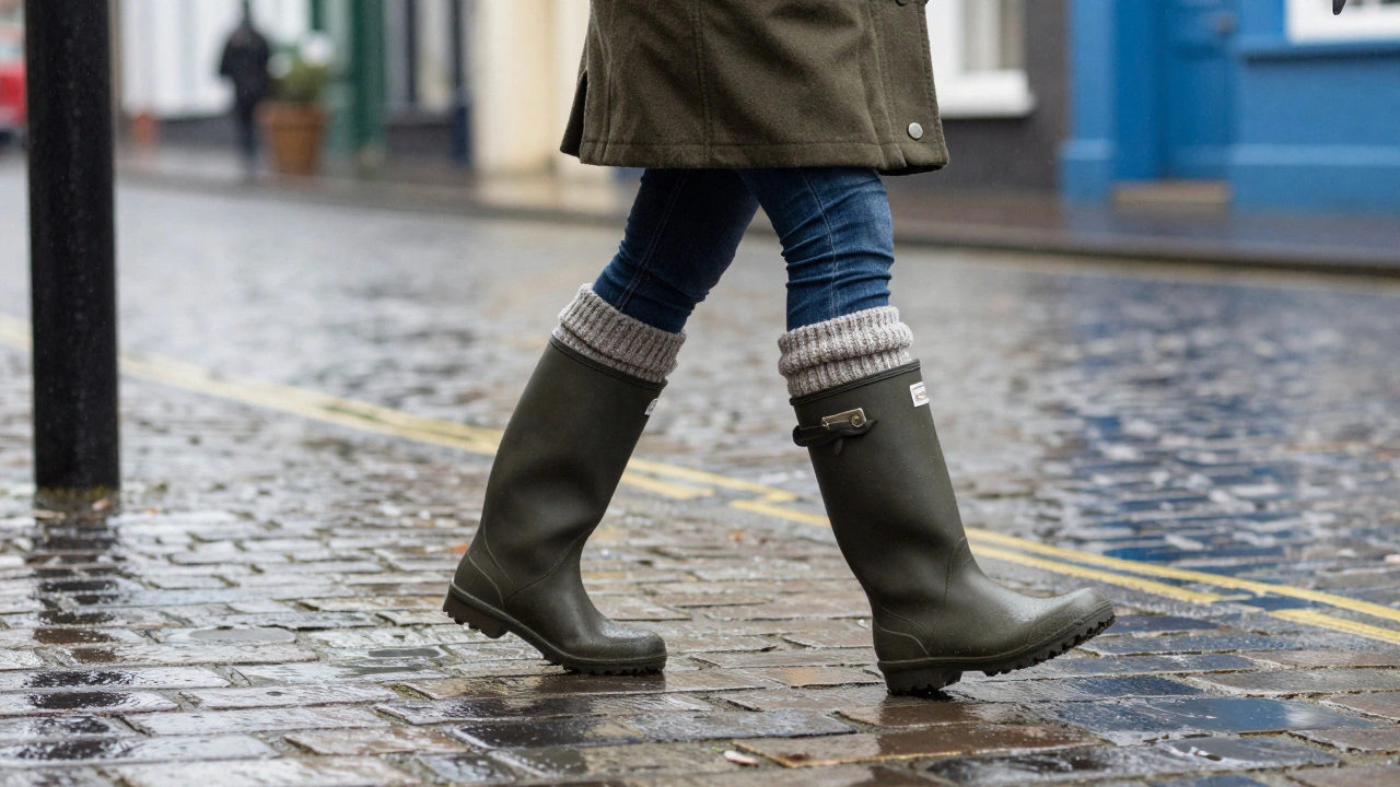 Person walking in rain wearing comfortable wide-fit boots