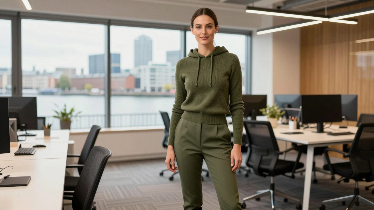 Professional woman in olive hoodie and trousers in modern office
