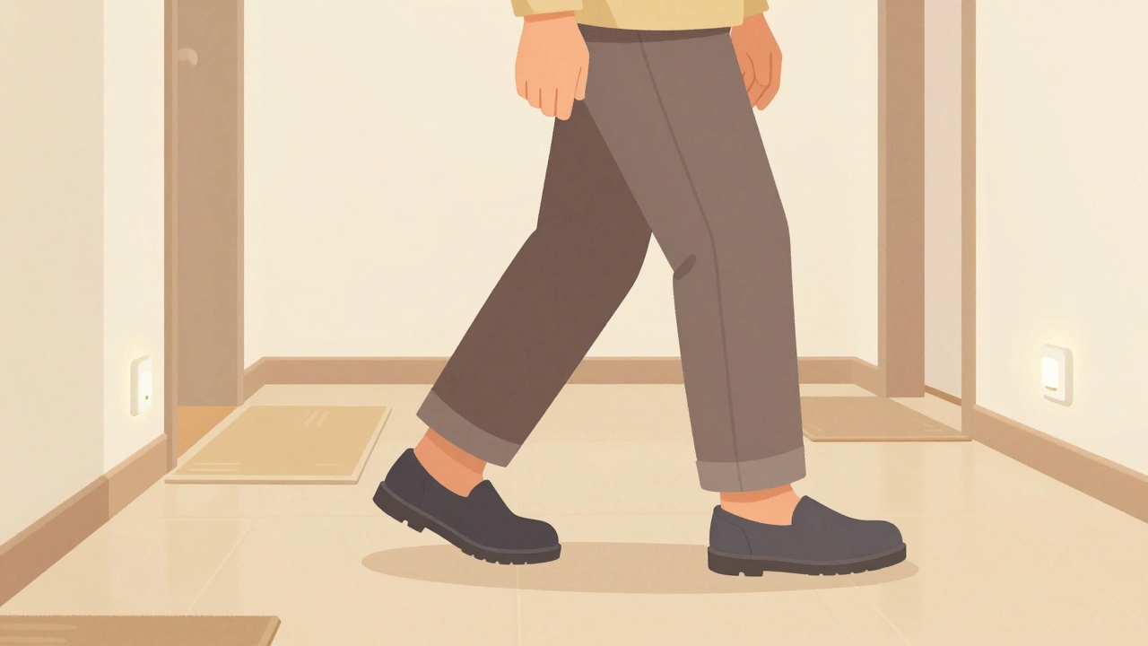 Senior walking safely in supportive indoor shoes on a clear, lit hallway