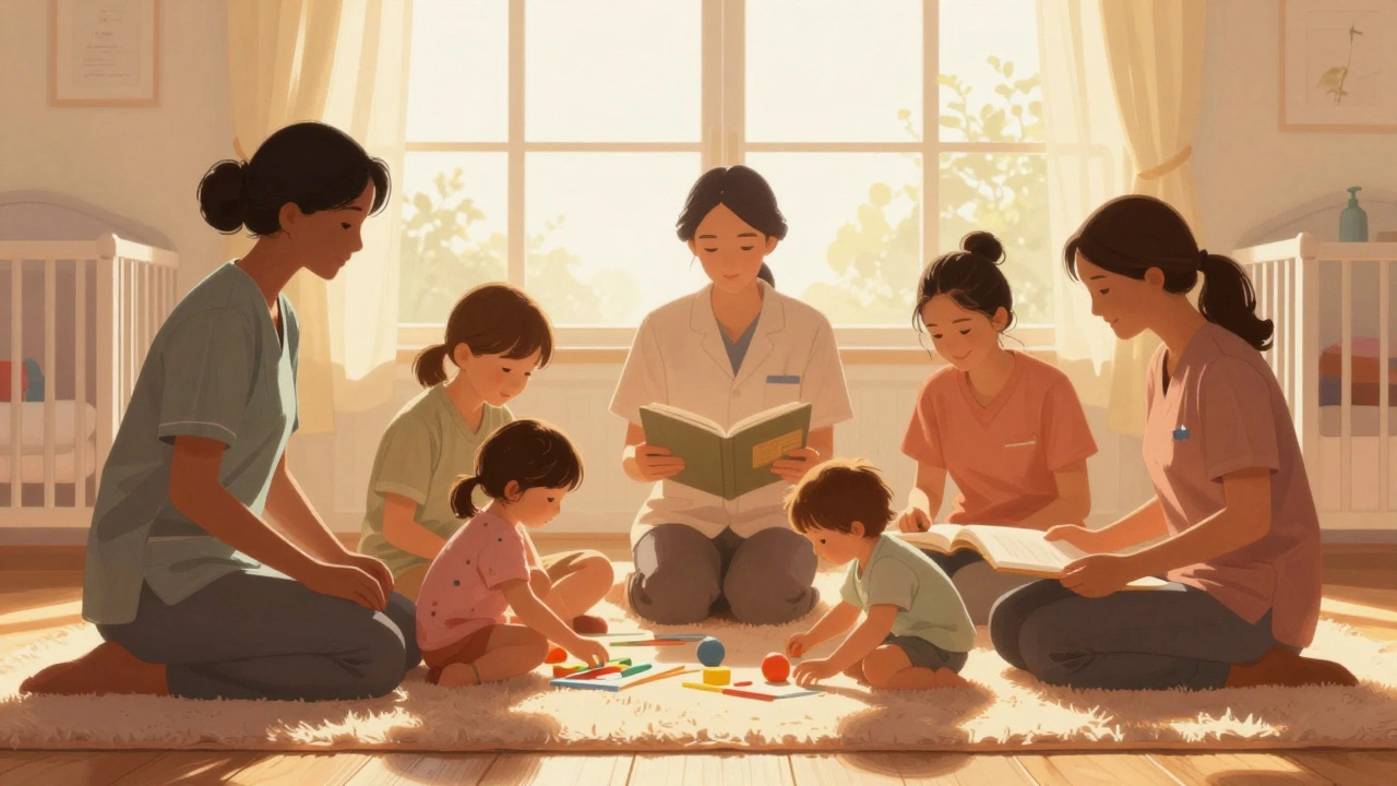 Silhouettes of royal nanny team caring for children in a sunny nursery