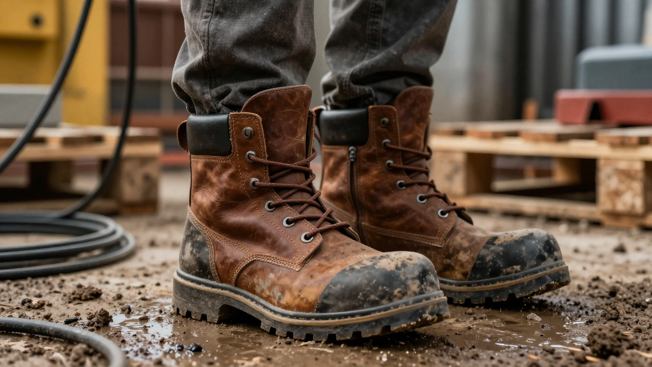 Steel-toed safety boots on a muddy construction site