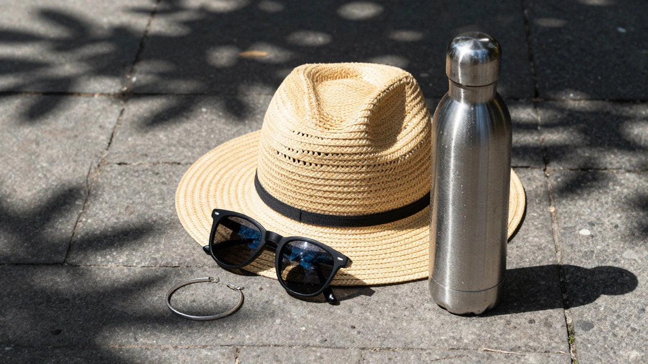 Straw hat, sunglasses, and water bottle arranged on stone pavement