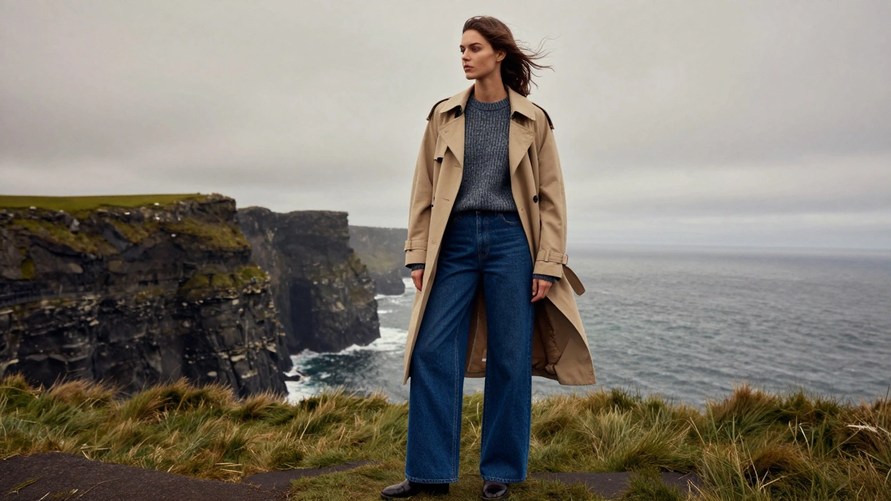 Stylish person in clean wide-leg jeans on a misty Irish cliffside