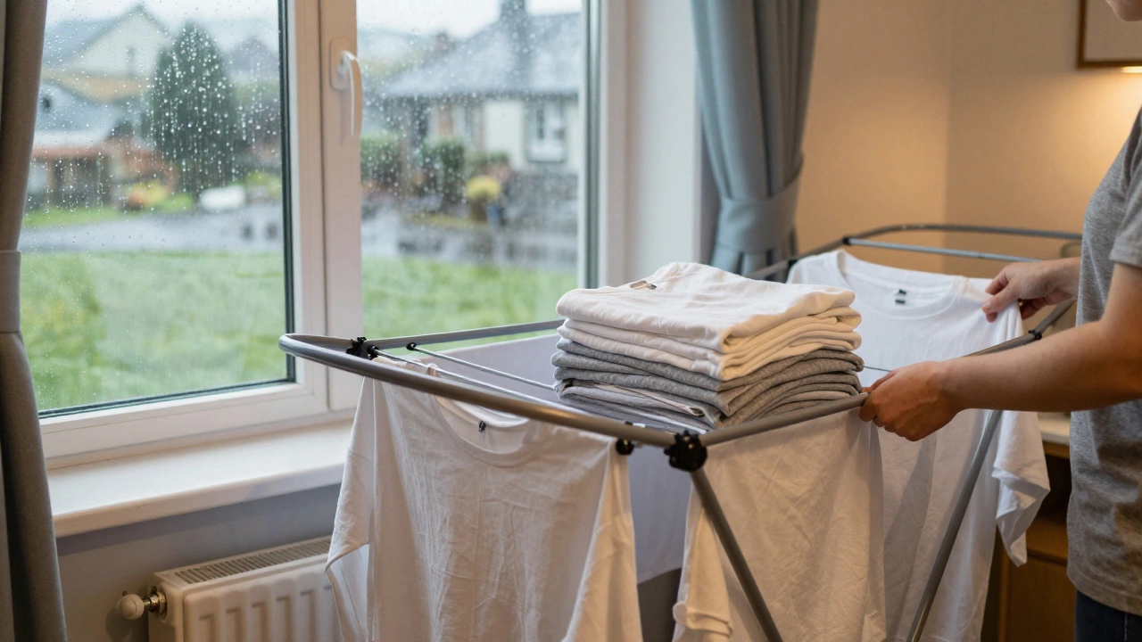 T-shirts drying indoors near a window on a rainy day