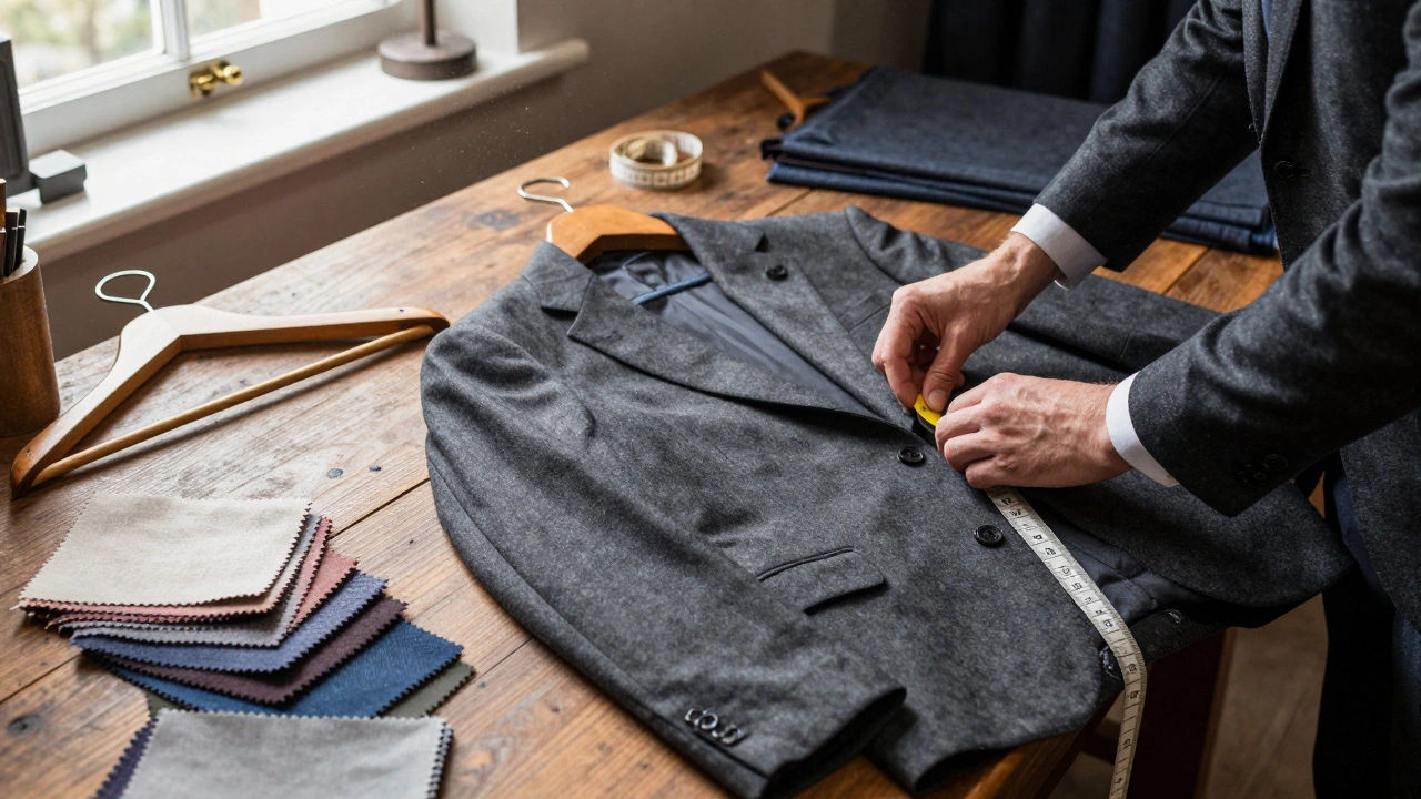 Tailor measuring a wool suit jacket on a wooden work table