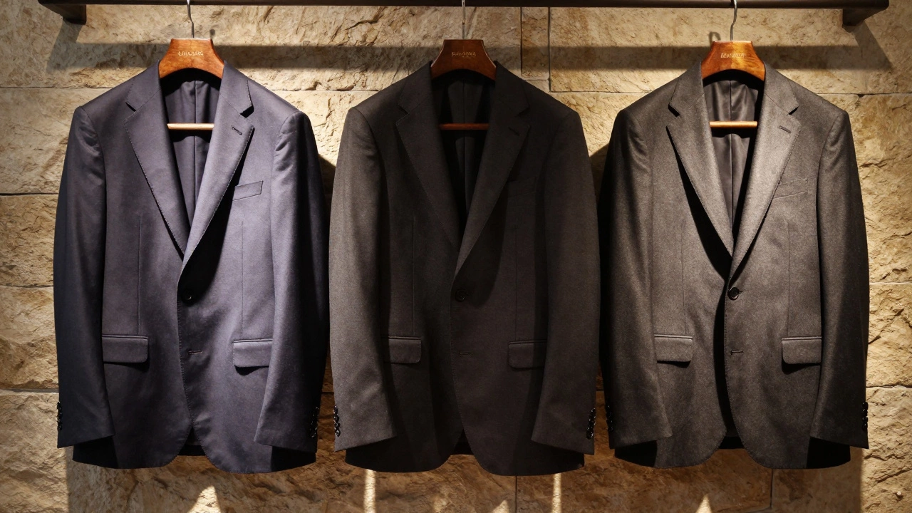 Three suits displaying different fabric qualities and price tiers