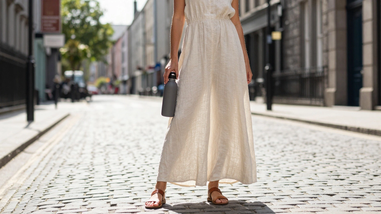 Woman in flowing linen dress and sandals walking on sunny Dublin street
